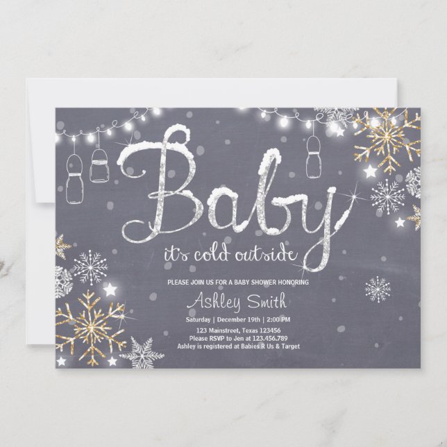 Baby Shower invite Baby it's cold outside Silver (Front)