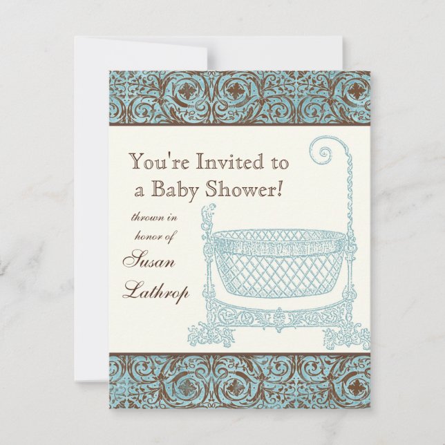 Baby Shower Invite - Blue Brown Damask Cradle (Front)