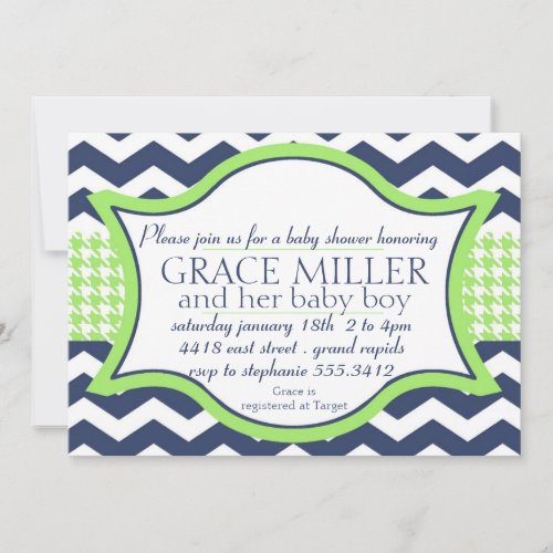 Baby shower invite. blue chevron bright green