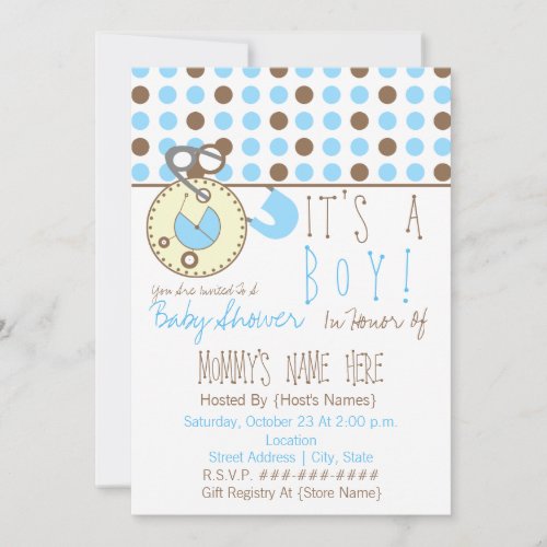 Baby Shower Invite _ Blue Diaper Pin  Polka Dot