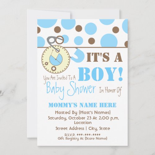 Baby Shower Invite _ Blue Diaper Pin  Polka Dots