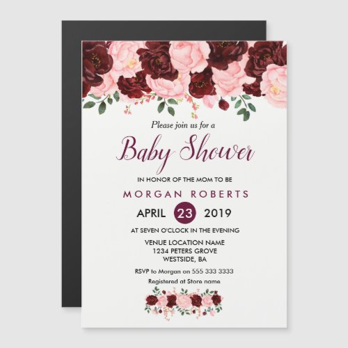 Baby Shower Invite Blush Pink Burgundy Floral Magnetic Invitation