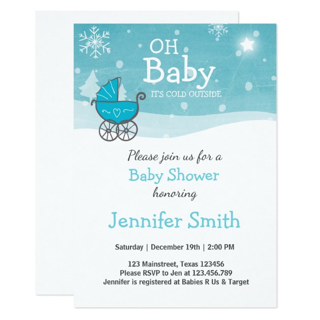 Baby Shower Invite Boy Winter Cold Outside Blue