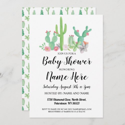 Baby Shower Invite Cactus Print Watercolor