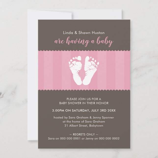 BABY SHOWER INVITE cute heart footprints feet pink (Front)