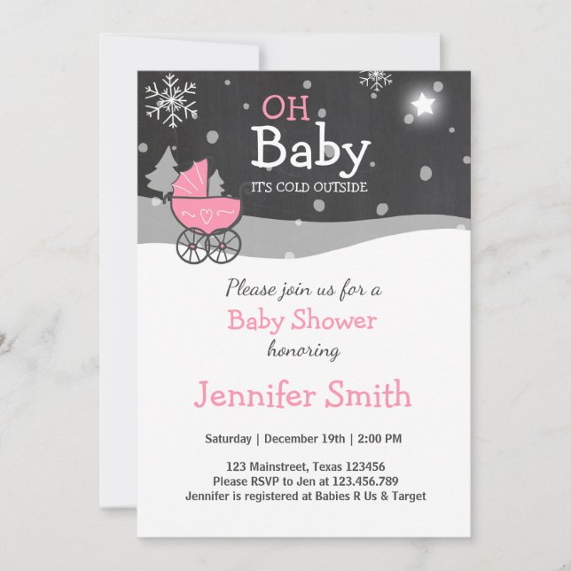 Baby Shower invite Girl Winter cold outside Pink (Front)