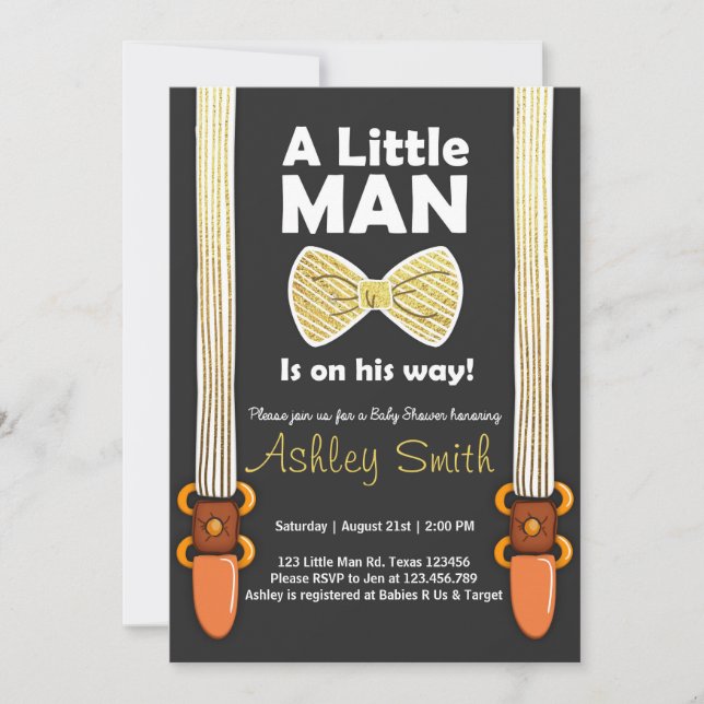 Baby Shower Invite Little Man Bow Tie Black Gold (Front)