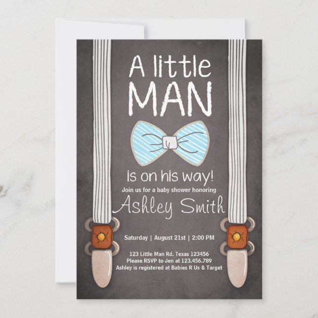 Baby Shower invite Little Man Bow tie Blue brown (Front)