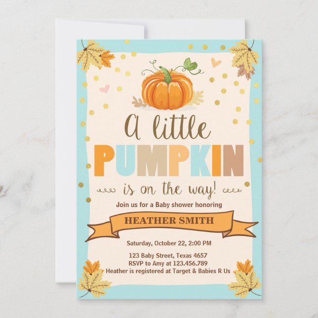 Baby Shower invite Little Pumpkin Blue Boy Fall (Front)