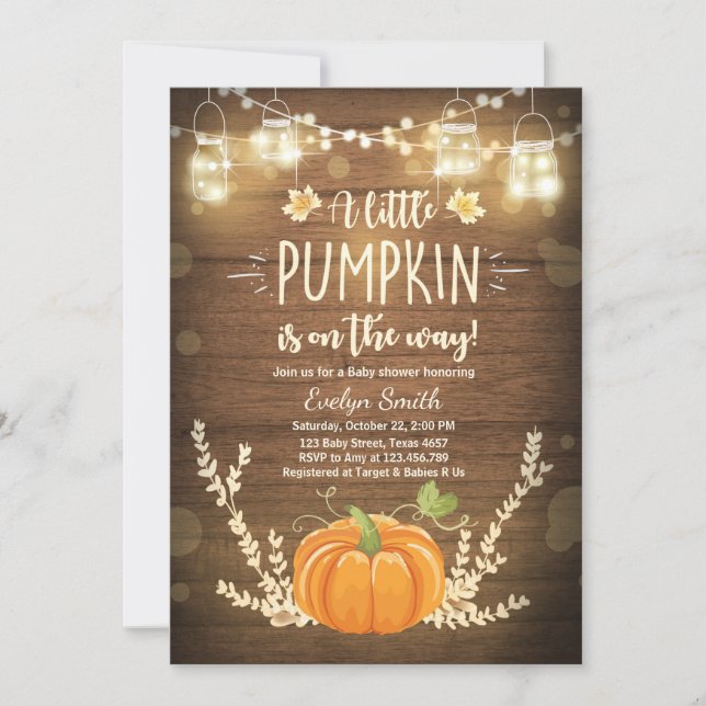 Baby Shower invite Little Pumpkin Fall wood rustic (Front)