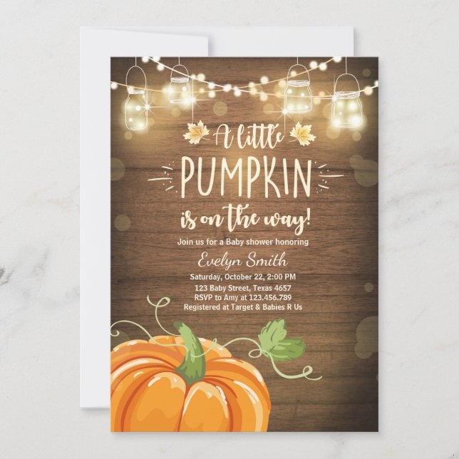 Baby Shower invite Little Pumpkin Fall wood rustic (Front)