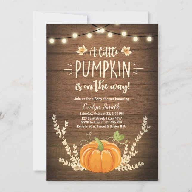 Baby Shower invite Little Pumpkin Fall wood rustic (Front)