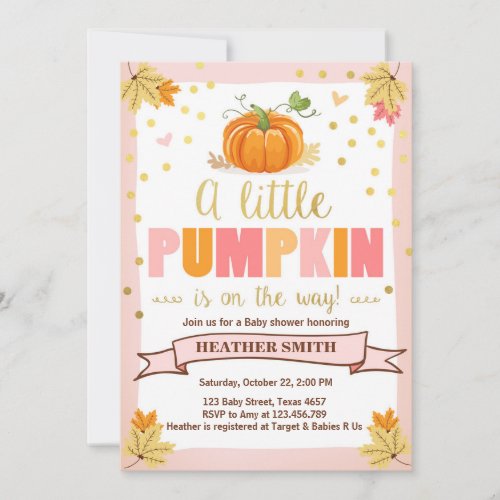 Baby Shower invite Little Pumpkin Pink Girl Fall