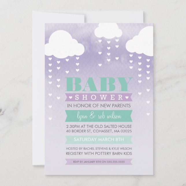 BABY SHOWER INVITE ombre watercolor mint purple (Front)