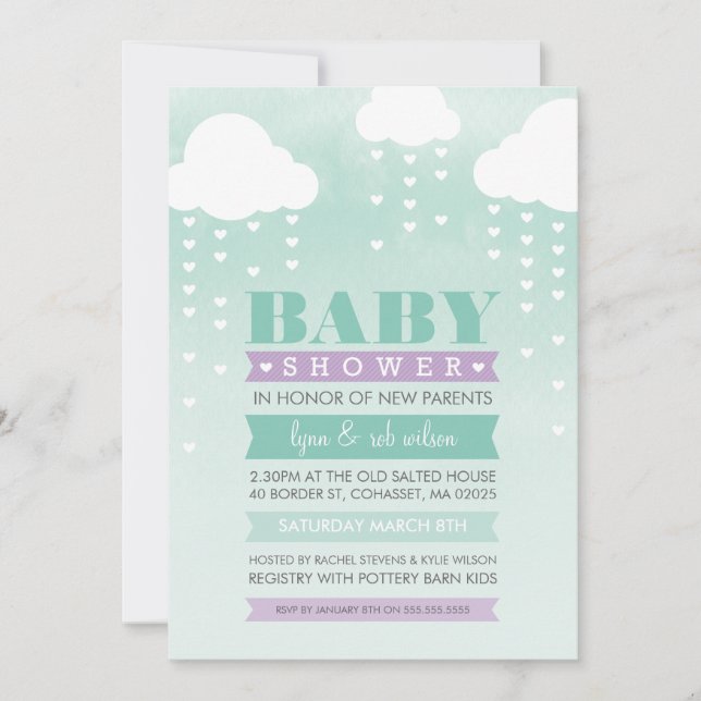 BABY SHOWER INVITE ombre watercolor mint purple (Front)