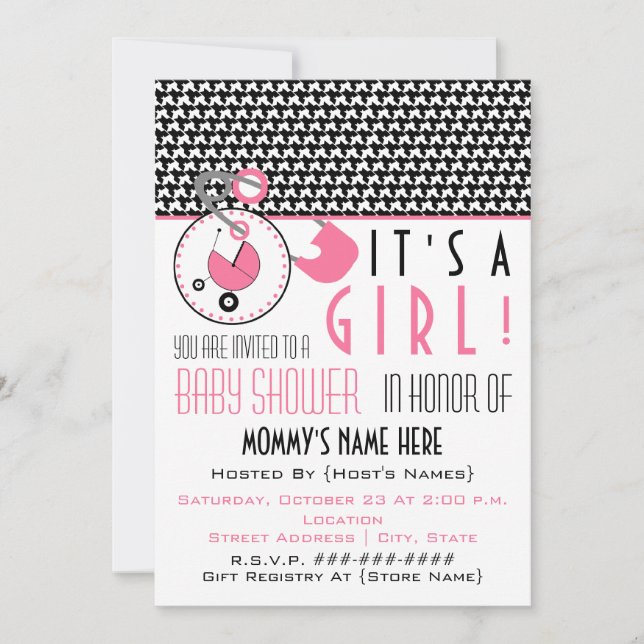 Baby Shower Invite - Pink Diaper Pin & Houndstooth (Front)