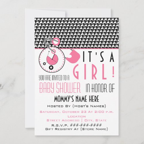 Baby Shower Invite - Pink Diaper Pin &amp; Houndstooth