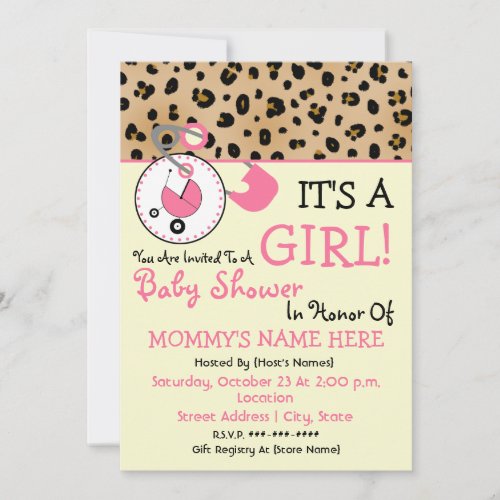 Baby Shower Invite - Pink Diaper Pin &amp; Leopard