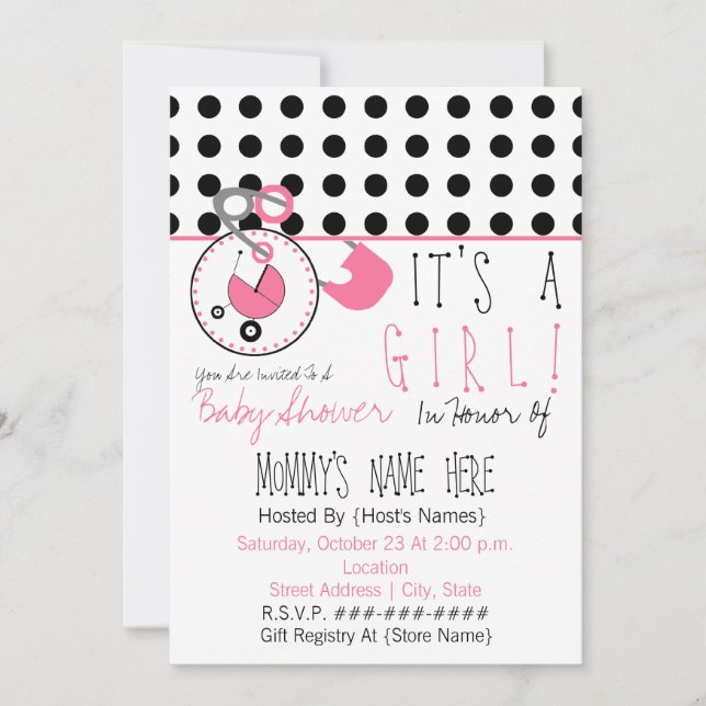 Baby Shower Invite - Pink Diaper Pin & Polka Dot (Front)