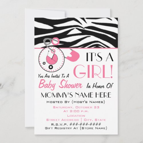 Baby Shower Invite - Pink Diaper Pin &amp; Zebra Print