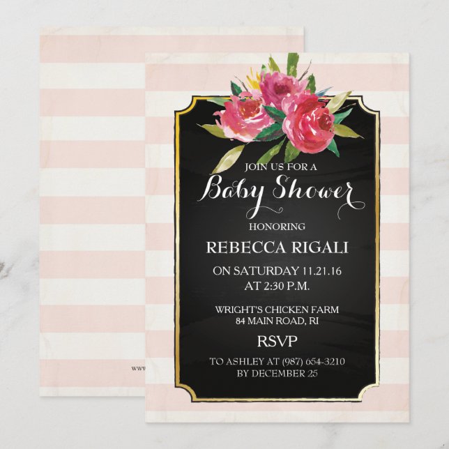 Baby Shower Invite - Pink Stripes Floral (Front/Back)