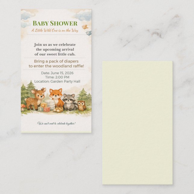 Baby Shower Invite | Woodland Diaper Raffle Card (Front/Back)