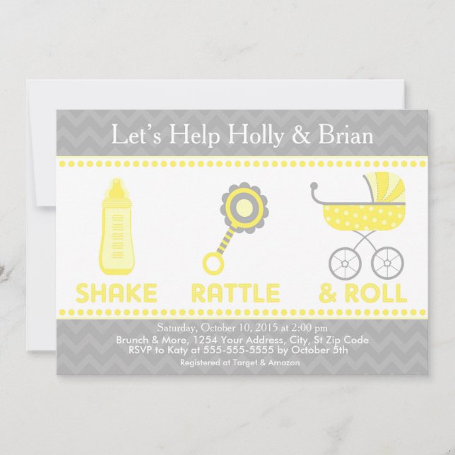 Baby Shower Invite Yellow - Shake, Rattle & Roll (Front)