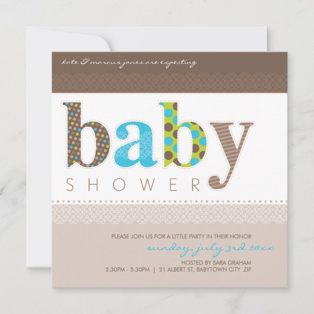 BABY SHOWER INVITES :: baby patterned letters 1SQ (Front)