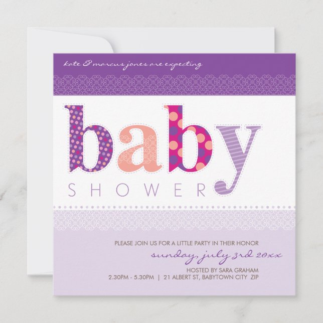 BABY SHOWER INVITES :: baby patterned letters 2SQ (Front)