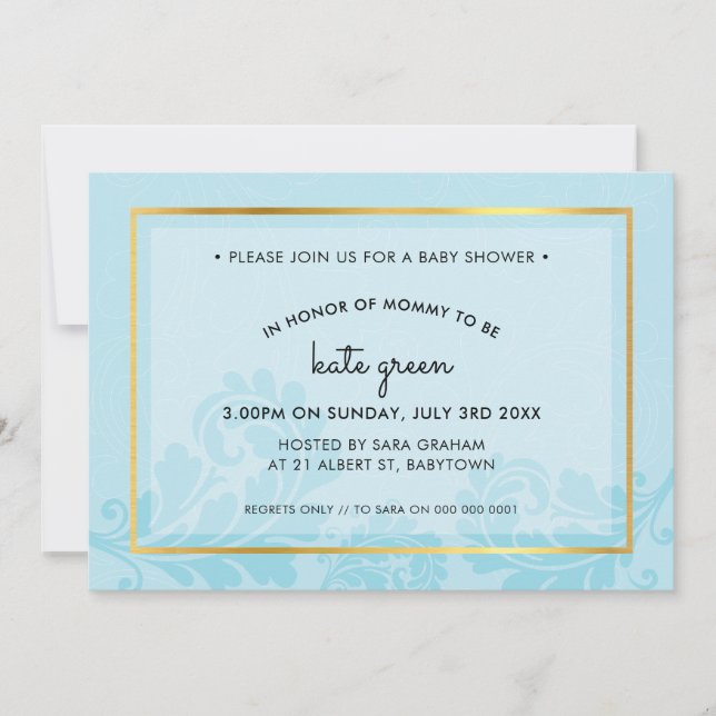 BABY SHOWER INVITES cute flourish pale blue gold (Front)