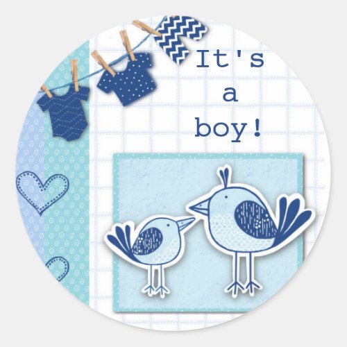  Baby Shower Itâs A Boy Blue Birds Classic Round Sticker