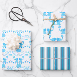 Baby Shower It’s A Boy Blue Elephant Wrapping Paper Sheets