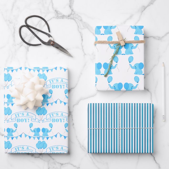 Baby Shower It’s A Boy Blue Elephant Wrapping Paper Sheets (Front)