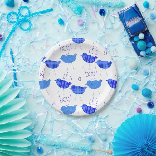 Baby Shower Its A Boy Patterned Blue Bird Paper Plates