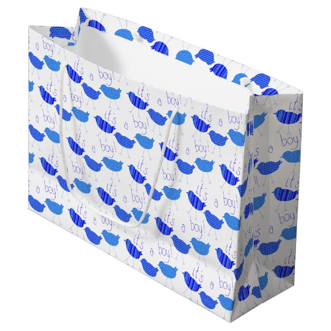  Baby Shower It’s A Boy Patterned Blue Birds Large Gift Bag (Front Angled)