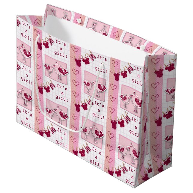  Baby Shower It’s A Girl Pink Birds Large Gift Bag (Front Angled)