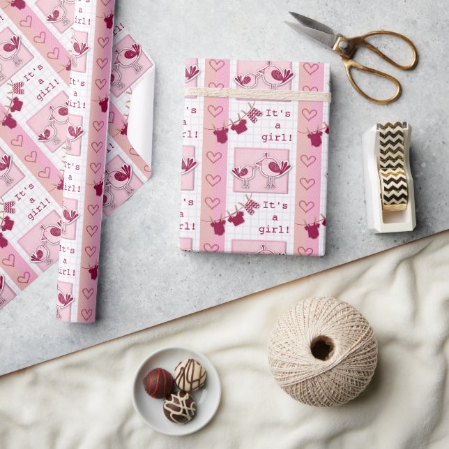 Baby Shower It’s A Girl Pink Birds Wrapping Paper (Crafts)