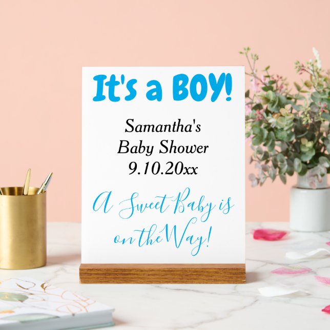 Baby Shower It's a Boy White Blue NAME Acrylic Sign (Wedding)