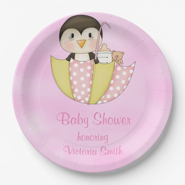 Baby Shower It's a Girl Penguin Paper Plates (Front)