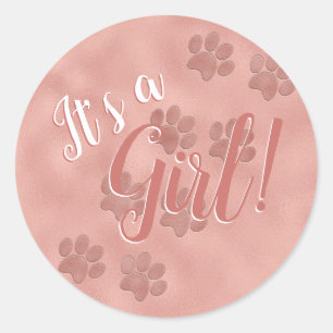 Baby Shower It's a Girl Rose Gold Paw Prints Favor Classic Round Sticker