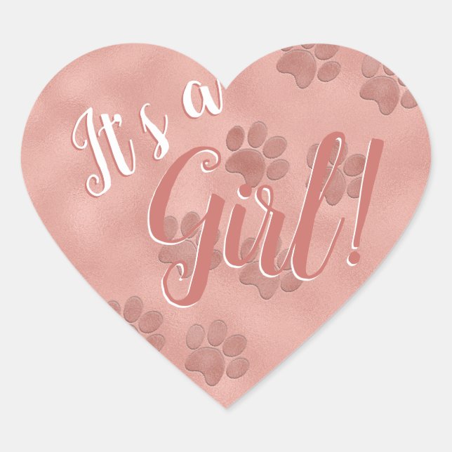 Baby Shower It's a Girl Rose Gold Paw Prints Heart Heart Sticker (Front)