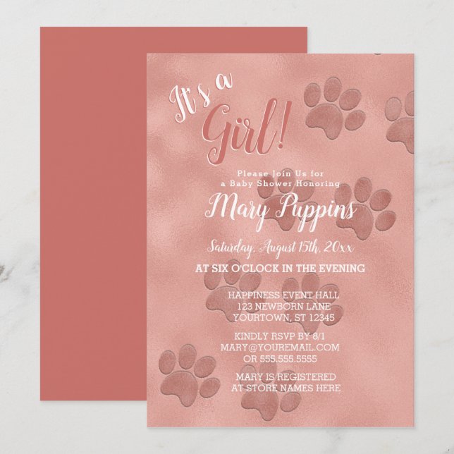 Baby Shower It's a Girl Rose Gold Paw Prints Invitation (Front/Back)