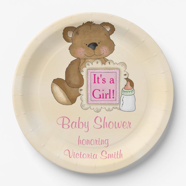 Baby Shower It's a Girl Teddy Bear Paper Plates (Front)