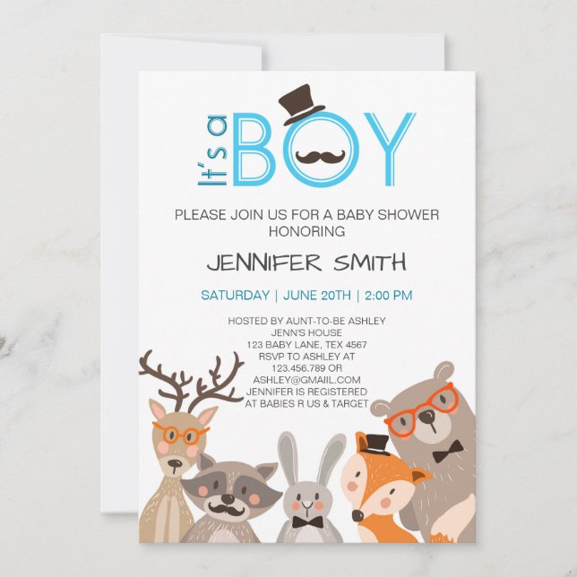 Baby Shower it's boy Invitation woodland Blue (Front)