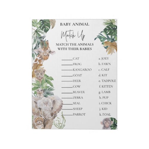 Baby Shower Jungle Safari Animals Match Up game  Notepad