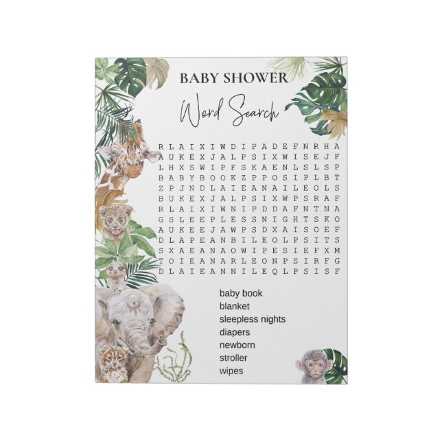 Baby Shower Jungle Safari Animals Word Search Notepad (Rotated)