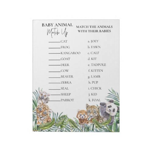 Baby Shower Jungle Tropical Match Up Game Notepad