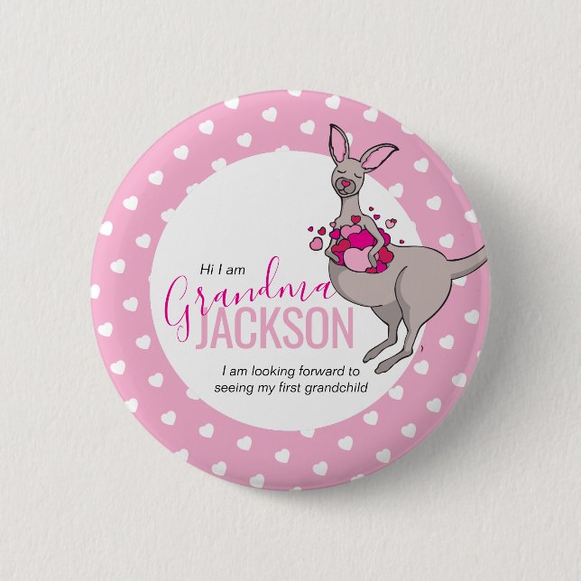 Baby shower kangaroo pouch of pink hearts intro button (Front)