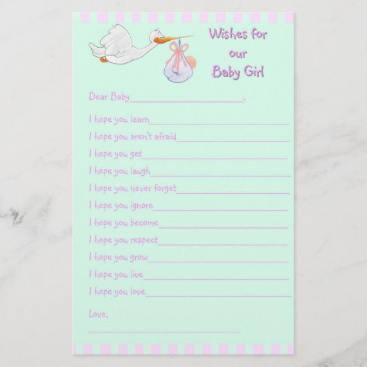 Baby Shower Keepsake - Wishes for Baby Girl (Front)