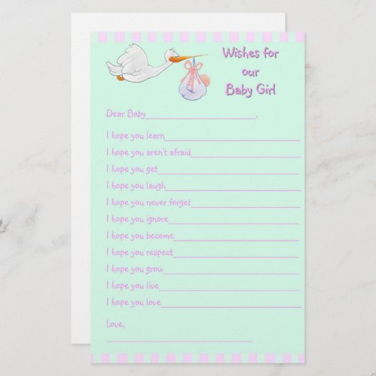 Baby Shower Keepsake - Wishes for Baby Girl (Front/Back)
